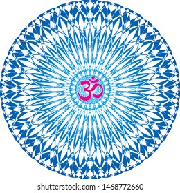Colorful mandala in  blue colors. Aum / Ohm / Om sign in the center. Spiritual symbol. Vector graphics.