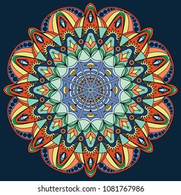 Colorful mandala, blue, orange, brown colors. Circle mandala with meditation poster. Vector illustration. 