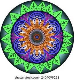 Colorful mandala of buildings, sun, leaves, spirals and flowers.