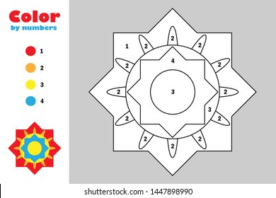 Colorful mandala in cartoon style, color by number, education paper game for the development of children, coloring page, kids preschool activity, printable worksheet, vector illustration