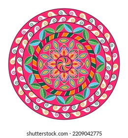 Farbiges Mandala zum Färben des Buches. Vektor handgezeichnet mandala doodle Design. Ethnische Mandala mit bunten Stammesverzierungen. Einzeln. Helle Farben.Dekorative runde Ornamente.Yoga-Logos Vektorgrafik