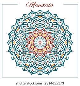 Colorful mandala. Dark green oriental circular ornament with indian, arabic, turkish motifs. Isolated, vector, editable.