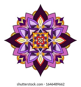 Colorful mandala with decorative floral elements on white isolated background. Pink, yellow, orange, purple, red decors. Suitable for card, poster, cover.
