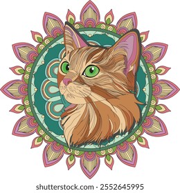 Es un diseño de mandala colorido con gato.