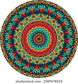 Colorful mandala design features intricate patterns and layers of petals, leaves, and concentric circles.