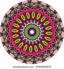 Colorful mandala design features intricate patterns and layers of petals, leaves, and concentric circles.