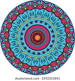 Colorful mandala design features intricate patterns and layers of petals, leaves, and concentric circles.