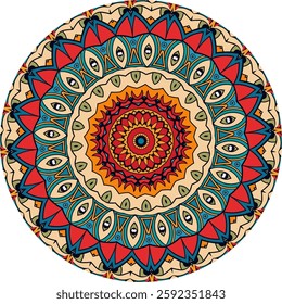 Colorful mandala design features intricate patterns and layers of petals, leaves, and concentric circles.