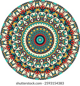 Colorful mandala design features intricate patterns and layers of petals, leaves, and concentric circles.