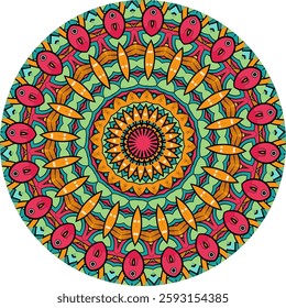 Colorful mandala design features intricate patterns and layers of petals, leaves, and concentric circles.