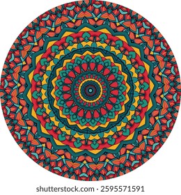 Colorful mandala design features intricate patterns and layers of petals, leaves, and concentric circles.