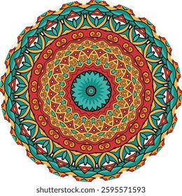 Colorful mandala design features intricate patterns and layers of petals, leaves, and concentric circles.