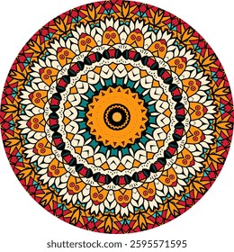 Colorful mandala design features intricate patterns and layers of petals, leaves, and concentric circles.