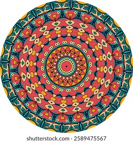 A colorful mandala design featuring intricate patterns, symmetrical shapes, and a variety of warm colors