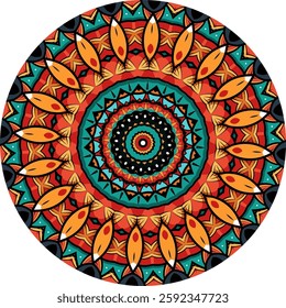 A colorful mandala design featuring intricate patterns, symmetrical shapes, and a variety of warm colors