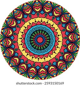 A colorful mandala design featuring intricate patterns, symmetrical shapes, and a variety of warm colors