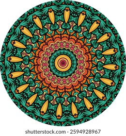 A colorful mandala design featuring intricate patterns, symmetrical shapes, and a variety of warm colors