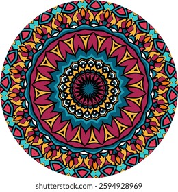 A colorful mandala design featuring intricate patterns, symmetrical shapes, and a variety of warm colors