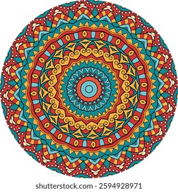 A colorful mandala design featuring intricate patterns, symmetrical shapes, and a variety of warm colors