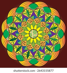 A colorful mandala design featuring intricate geometric patterns, leaf motifs, and stars.