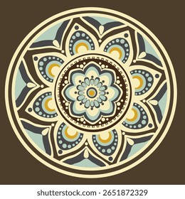 A colorful mandala design featuring intricate patterns and flora