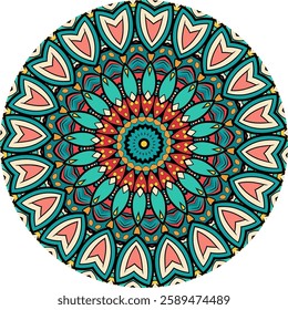 A colorful mandala design featuring a symmetrical pattern of intricate details