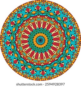 A colorful mandala design featuring a symmetrical pattern of intricate details