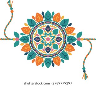 Colorful mandala design with floral patterns and intricate details, tied with strings, vector illustration.