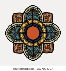 Colorful mandala design with intricate patterns. Mandala features floral and geometric elements. Mandala art in vibrant colors and detailed patterns. Vintage illustration isolated on white, vector.