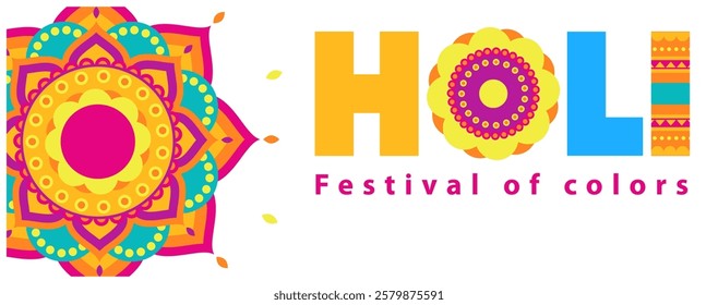 Colorful mandala design representing the Holi festival of colors, created in a vibrant and traditional Indian style, isolated on a white background. This vector illustration is ideal for posters