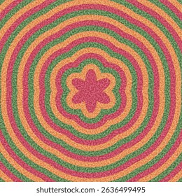 Colorful mandala design with six-petal flower and concentric ripple patterns. Vector illustration with pink, orange, and green.