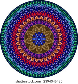 Colorful mandala with diamond, Greek fan, heart on the edge and hanging curves.