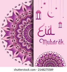 
 Colorful mandala Eid Mubarak with lentern , moon , star on pink background for eid ul fiter and eid ul adha

