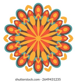Colorful Mandala of Floral Ornament. Traditional Mandala design. Abstract Mandala icon. Red, cyan, turquoise, orange, yellow, brown, color palette. Smooth shapes in flat color style. EPS 10.