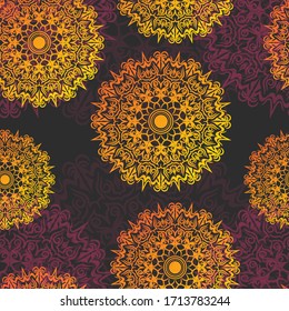 Colorful mandala floral pattern background with detailed symmetrical ornaments. Suitable for textile design, fabric printing, wallpaper, wrapping paper, yoga and meditation themes, boho decoration, and decorative graphic design projects.
