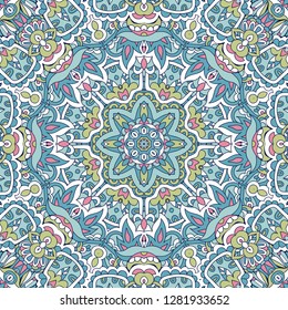 Colorful mandala floralds doodle cute background. Decorative colored ornamental backdrop hand drawn pattern
