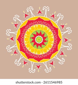 Colorful mandala flower with doodle-style round ornament. Geometric floral vector design inspired by tribal, Indian, Arabic, and Turkish motifs. Isolated decorative element on white background