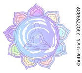 Colorful mandala flower and meditating person's silhouette with om symbol in the center. Isolated on white vector illustration.