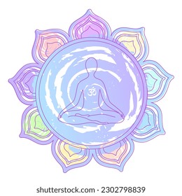 Colorful mandala flower and meditating person's silhouette with om symbol in the center. Isolated on white vector illustration.