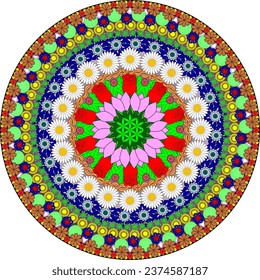 Colorful mandala of flowers such as daisies, roses and others of various types and sizes.