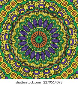 A colorful mandala with a green background