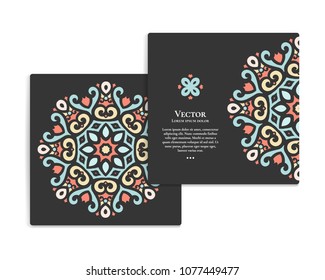 Colorful mandala greeting card on a black background. Luxury ornament template. Vintage. Great for invitation, flyer, menu, brochure, postcard, background, wallpaper, decoration, packaging.