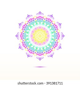 Colorful  mandala isolated on a white background. Background for Indian Happy Holi celebration. Template for t-sirt, apparel, greeting card,banner, poster, web and magazine page background.