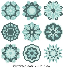 Colorful Mandala Lace Pattern Clip Art. Wedding flower stickers. Floral purity symbol. Simple geometric floral mandala in bright colors, circular ornament. Vector logo design, isolated illustration.