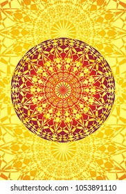 Colorful mandala on a red. Purple. Violet and yellow colors. Abstract artistic object and background. Spiritual symbol.