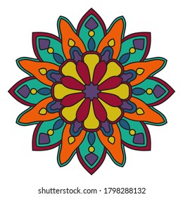 Colorful mandala. Ornamental round doodle flower isolated on white background. Geometric circle element. Vector illustration. 