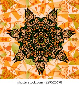Colorful mandala over multicolored background of triangles