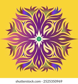 A Colorful mandala pattern featuring a symmetrical star-shaped design with a mesmerizing multicolor.  A Kaleidoscope of Colors. Multifaceted decorative Multi Color rangoli design. Yellow background.