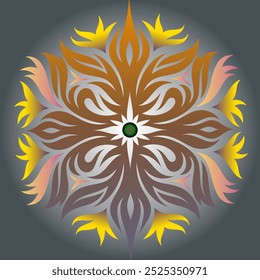 A Colorful mandala pattern featuring a symmetrical star-shaped design with a mesmerizing multicolor. A Kaleidoscope of Colors. Multifaceted decorative Colorful rangoli design. Gray radial background.