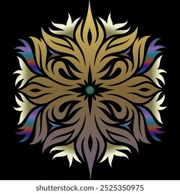 A Colorful mandala pattern featuring a symmetrical star-shaped design with a mesmerizing multicolor.  A Kaleidoscope of Colors. Multifaceted decorative Multi Color rangoli design. Black background.